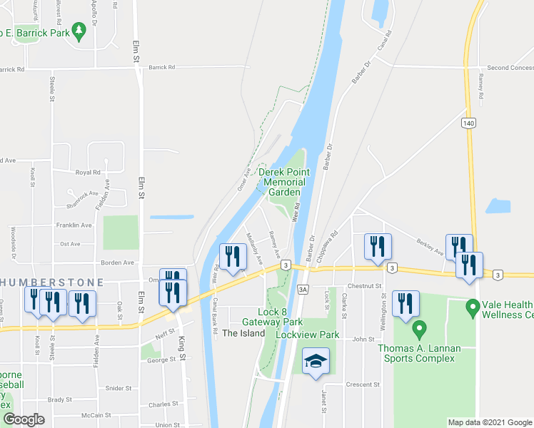 map of restaurants, bars, coffee shops, grocery stores, and more near 77 Ramey Avenue in Port Colborne