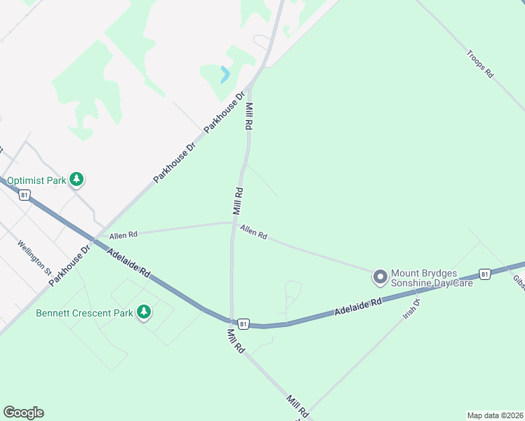 map of restaurants, bars, coffee shops, grocery stores, and more near 22372-22380 Mill Road in Mount Brydges