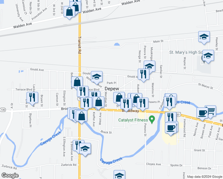 map of restaurants, bars, coffee shops, grocery stores, and more near 562-582 Terrace Blvd in Depew
