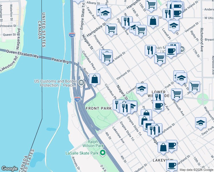 map of restaurants, bars, coffee shops, grocery stores, and more near Vermont Street & Columbus Parkway in Buffalo