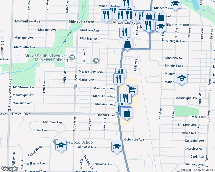 map of restaurants, bars, coffee shops, grocery stores, and more near 1226 Marion Avenue in South Milwaukee