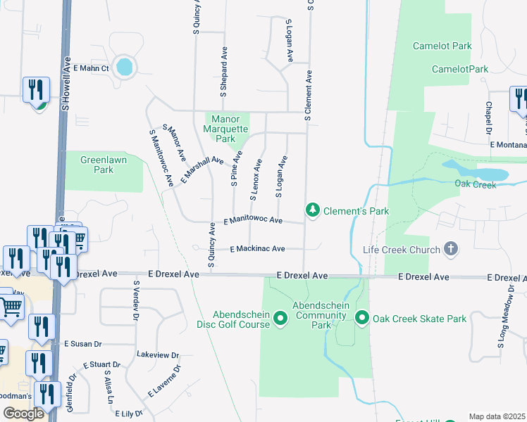 map of restaurants, bars, coffee shops, grocery stores, and more near 7707 South Logan Avenue in Oak Creek