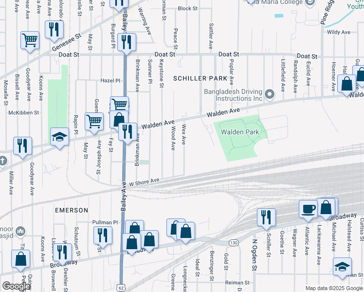 map of restaurants, bars, coffee shops, grocery stores, and more near 70 Wex Avenue in Buffalo