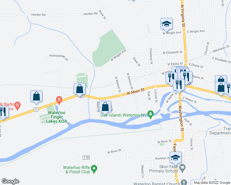 map of restaurants, bars, coffee shops, grocery stores, and more near 404 West Main Street in Waterloo