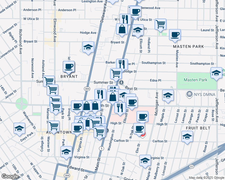 map of restaurants, bars, coffee shops, grocery stores, and more near 1106 Main Street in Buffalo