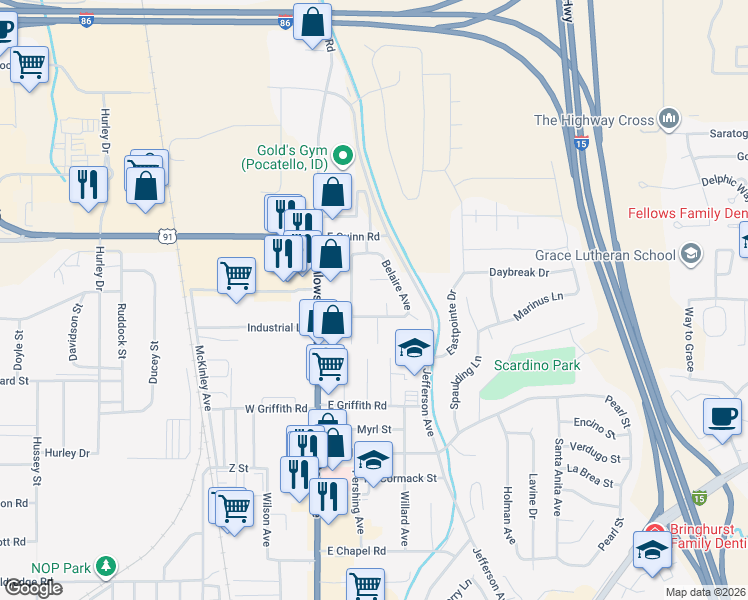 map of restaurants, bars, coffee shops, grocery stores, and more near 1479-1699 Hiline Road in Pocatello