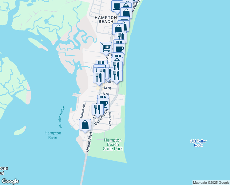 map of restaurants, bars, coffee shops, grocery stores, and more near 69a Ocean Boulevard in Hampton
