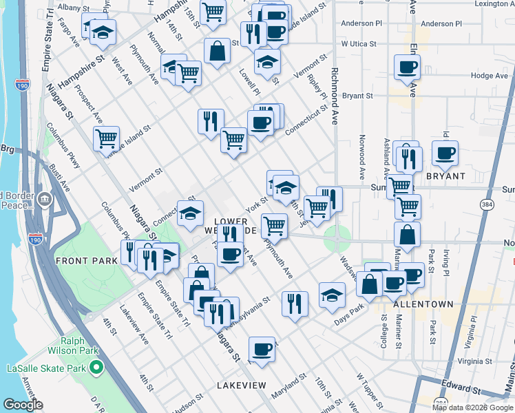 map of restaurants, bars, coffee shops, grocery stores, and more near 80 York Street in Buffalo