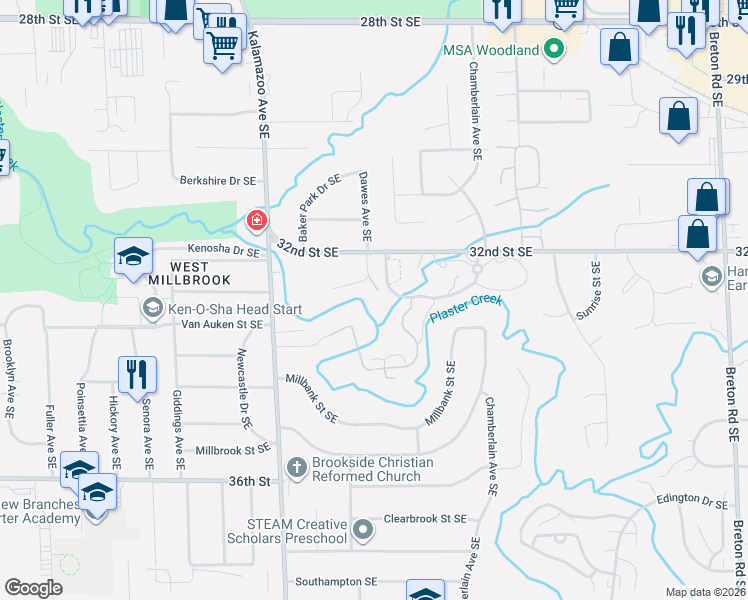 map of restaurants, bars, coffee shops, grocery stores, and more near 3234 Dawes Avenue Southeast in Grand Rapids