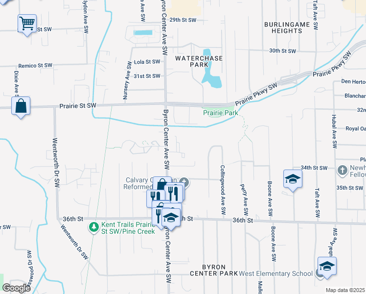 map of restaurants, bars, coffee shops, grocery stores, and more near 3354 Byron Center Avenue Southwest in Wyoming