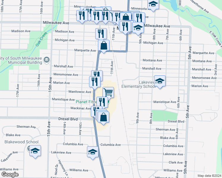 map of restaurants, bars, coffee shops, grocery stores, and more near 2601 11th Avenue in South Milwaukee