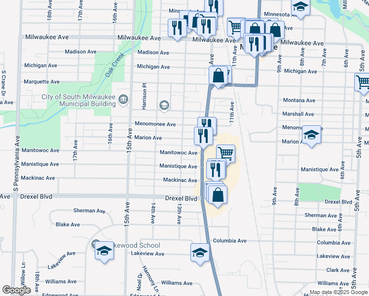 map of restaurants, bars, coffee shops, grocery stores, and more near 1226 Marion Avenue in South Milwaukee
