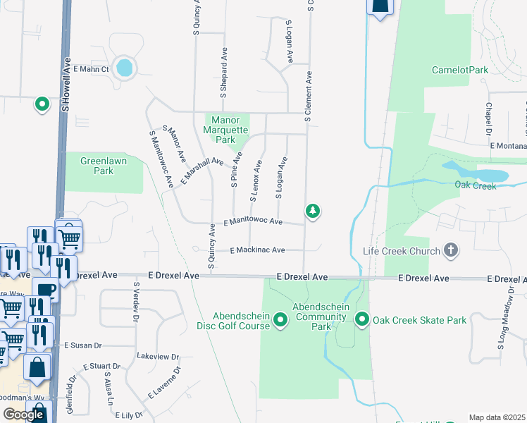 map of restaurants, bars, coffee shops, grocery stores, and more near 7707 South Logan Avenue in Oak Creek