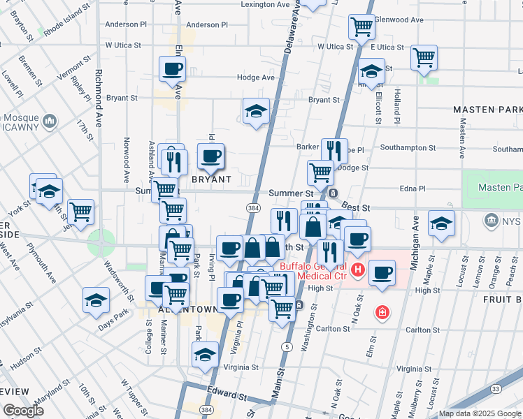 map of restaurants, bars, coffee shops, grocery stores, and more near 82 Summer Hill Lane in Williamsville