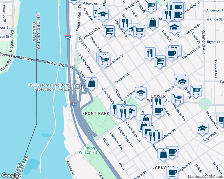 map of restaurants, bars, coffee shops, grocery stores, and more near 758 Niagara Street in Buffalo