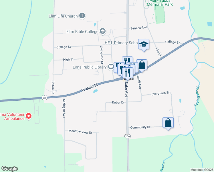 map of restaurants, bars, coffee shops, grocery stores, and more near 7242 West Main Street in Lima