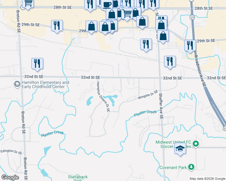 map of restaurants, bars, coffee shops, grocery stores, and more near 3221 Westminster Drive Southeast in Kentwood