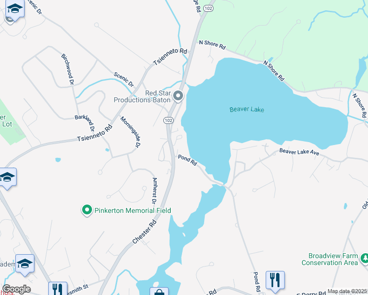 map of restaurants, bars, coffee shops, grocery stores, and more near 39 Pond Road in Derry