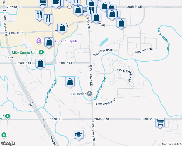 map of restaurants, bars, coffee shops, grocery stores, and more near 4001 Woodland Creek Dr SE in Grand Rapids