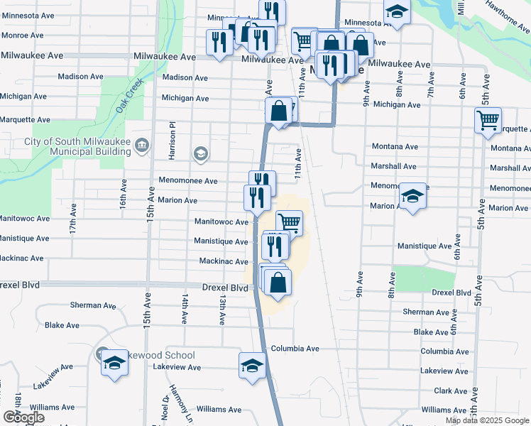 map of restaurants, bars, coffee shops, grocery stores, and more near 2616 South Chicago Avenue in South Milwaukee