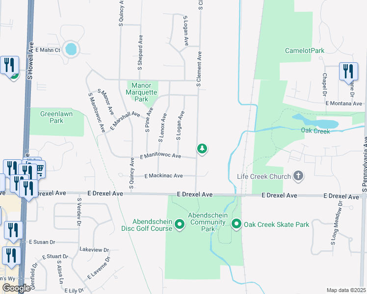 map of restaurants, bars, coffee shops, grocery stores, and more near 7707 South Clement Avenue in Oak Creek