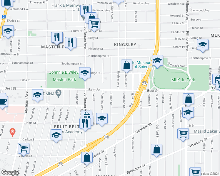 map of restaurants, bars, coffee shops, grocery stores, and more near in Buffalo