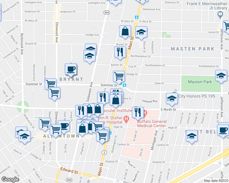 map of restaurants, bars, coffee shops, grocery stores, and more near 1130 Main Street in Buffalo