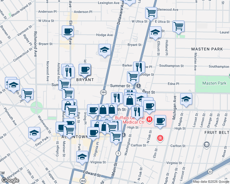 map of restaurants, bars, coffee shops, grocery stores, and more near 82 Summer Hill Lane in Williamsville