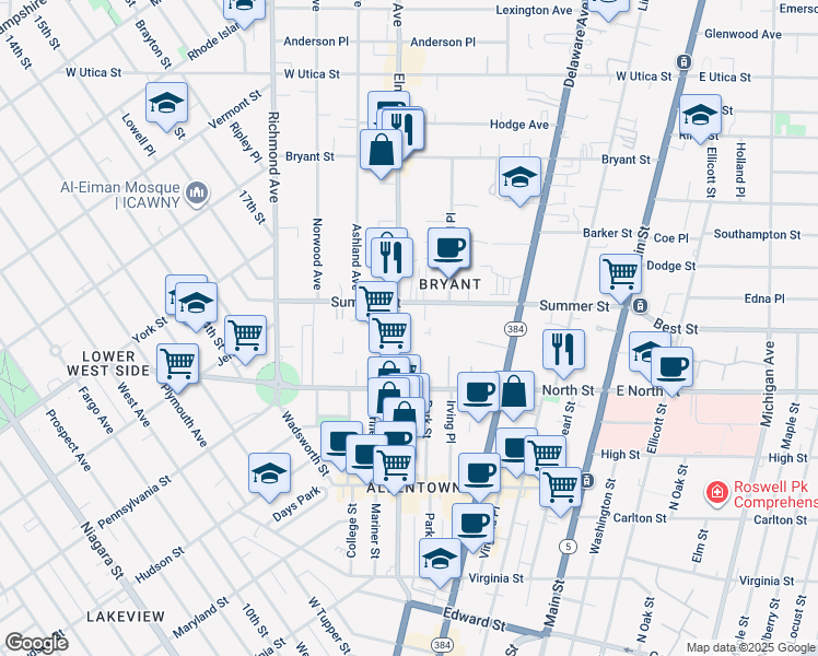 map of restaurants, bars, coffee shops, grocery stores, and more near 200 Summer Street in Buffalo
