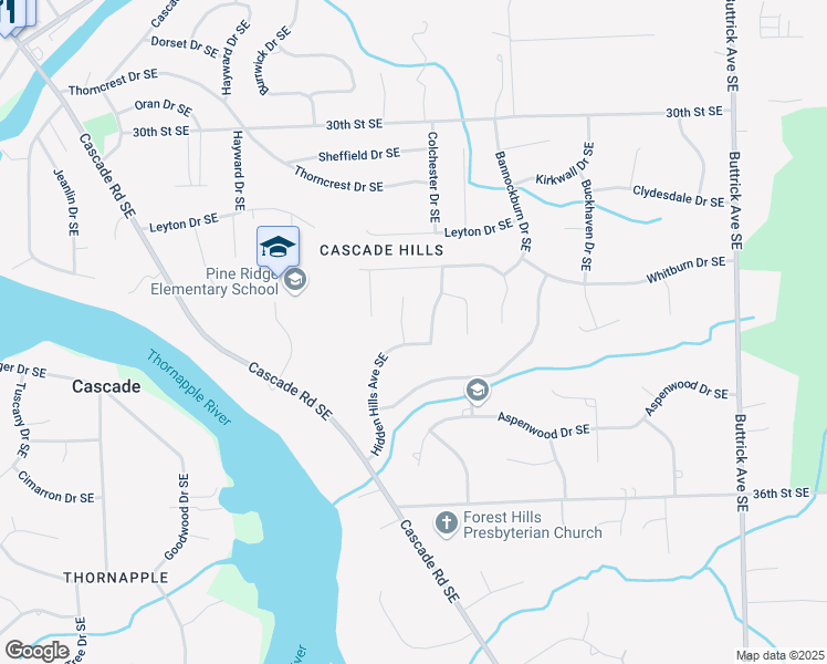 map of restaurants, bars, coffee shops, grocery stores, and more near 3293 Hidden Hills Avenue Southeast in Grand Rapids