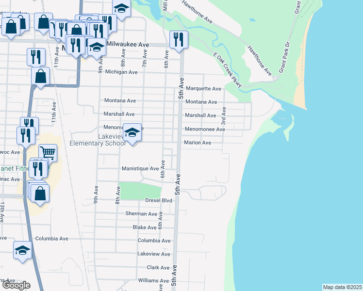 map of restaurants, bars, coffee shops, grocery stores, and more near in South Milwaukee