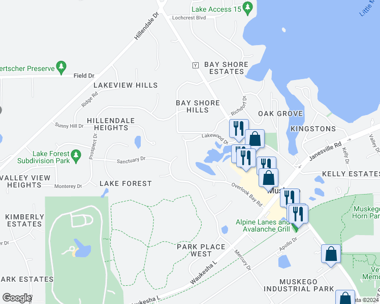 map of restaurants, bars, coffee shops, grocery stores, and more near S77W19432 Lakewood Drive in Muskego