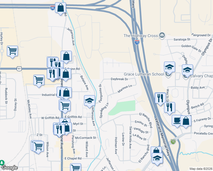 map of restaurants, bars, coffee shops, grocery stores, and more near 683 Daybreak Drive in Pocatello
