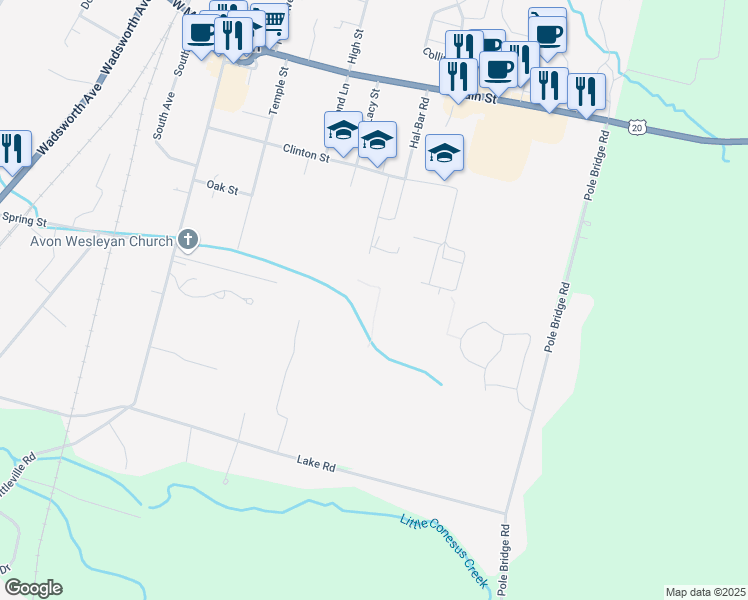 map of restaurants, bars, coffee shops, grocery stores, and more near 161-245 Clinton Street in Avon