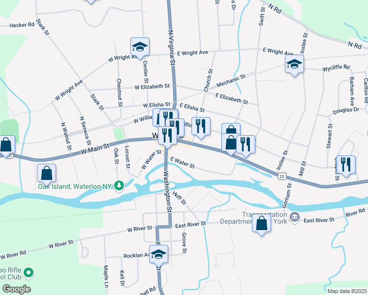 map of restaurants, bars, coffee shops, grocery stores, and more near 27 East Main Street in Waterloo