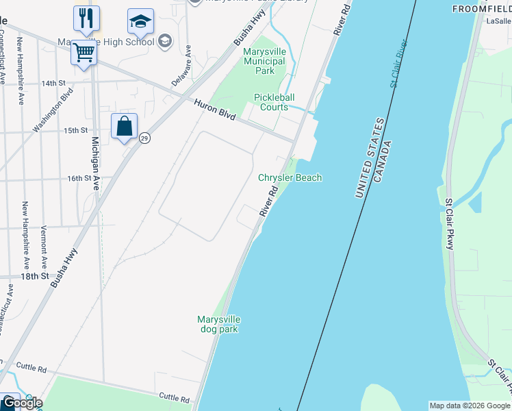map of restaurants, bars, coffee shops, grocery stores, and more near 1660 River Road in Marysville