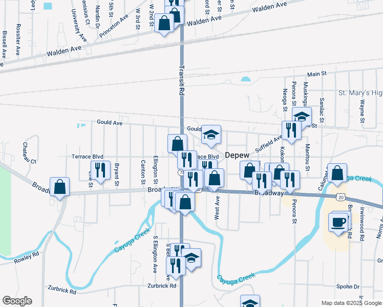 map of restaurants, bars, coffee shops, grocery stores, and more near 476 Terrace Boulevard in Depew