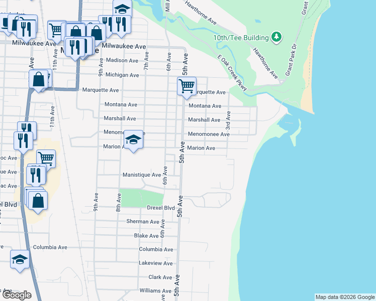 map of restaurants, bars, coffee shops, grocery stores, and more near in South Milwaukee