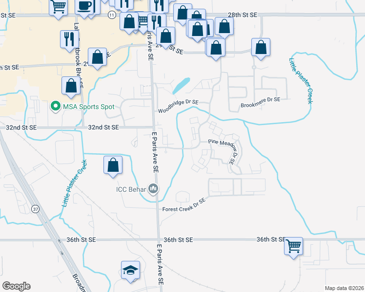 map of restaurants, bars, coffee shops, grocery stores, and more near 3300 East Paris Avenue Southeast in Kentwood