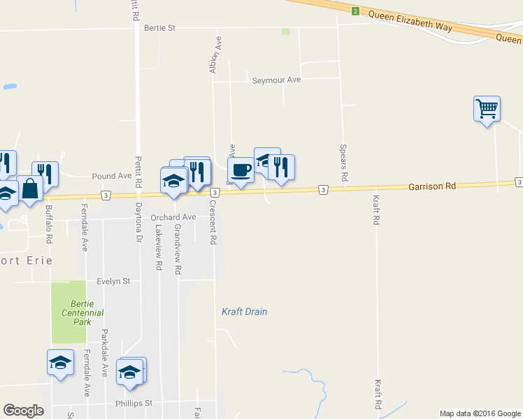 map of restaurants, bars, coffee shops, grocery stores, and more near 1127 Garrison Road in Fort Erie