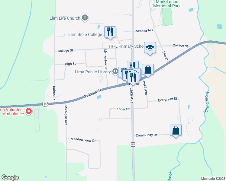 map of restaurants, bars, coffee shops, grocery stores, and more near 7242 West Main Street in Lima