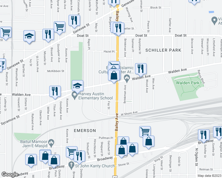 map of restaurants, bars, coffee shops, grocery stores, and more near 119 Fay Street in Buffalo