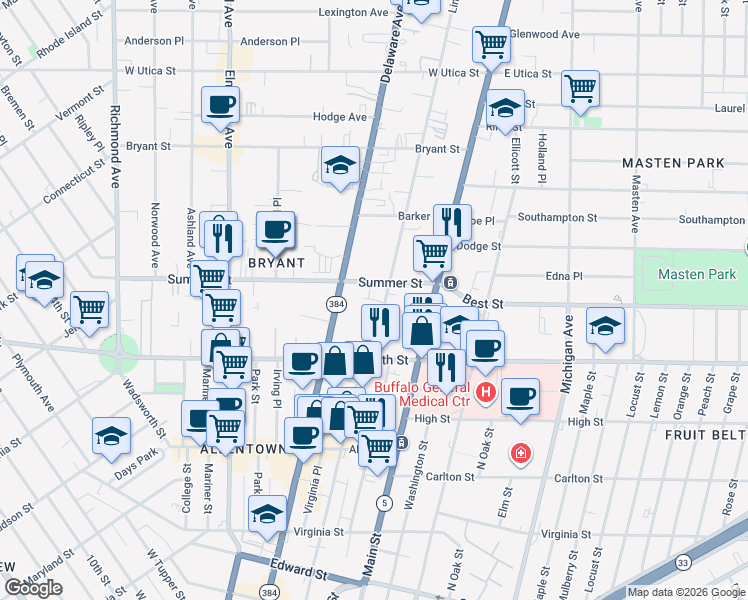 map of restaurants, bars, coffee shops, grocery stores, and more near 64 Linwood Avenue in Buffalo
