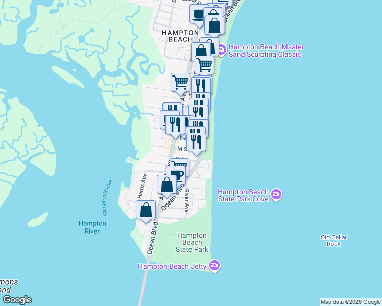 map of restaurants, bars, coffee shops, grocery stores, and more near 69a Ocean Boulevard in Hampton