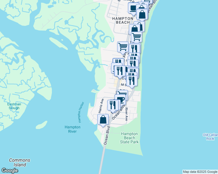 map of restaurants, bars, coffee shops, grocery stores, and more near 12 Riverview Terrace in Hampton