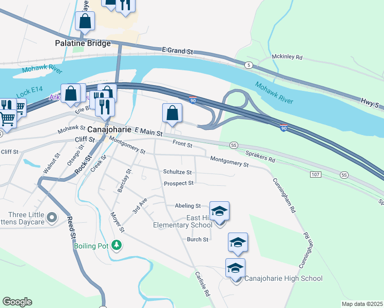 map of restaurants, bars, coffee shops, grocery stores, and more near 126 Front Street in Canajoharie