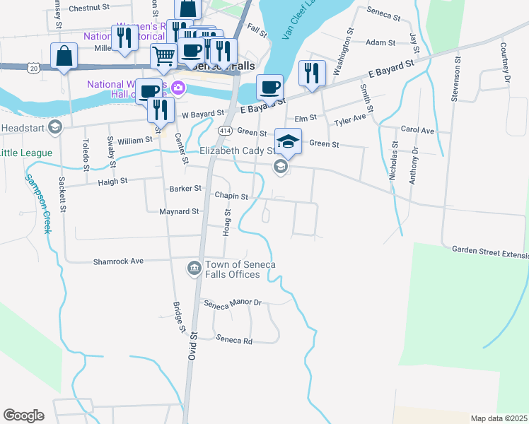 map of restaurants, bars, coffee shops, grocery stores, and more near 26 Chapin Street in Seneca Falls