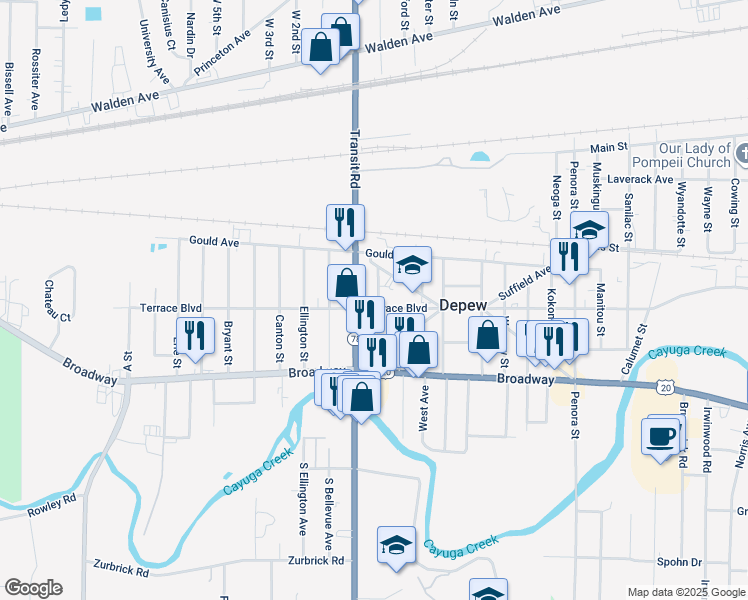 map of restaurants, bars, coffee shops, grocery stores, and more near 328 Easton Street in Depew