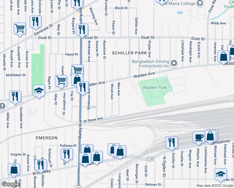 map of restaurants, bars, coffee shops, grocery stores, and more near 95 Wex Avenue in Buffalo