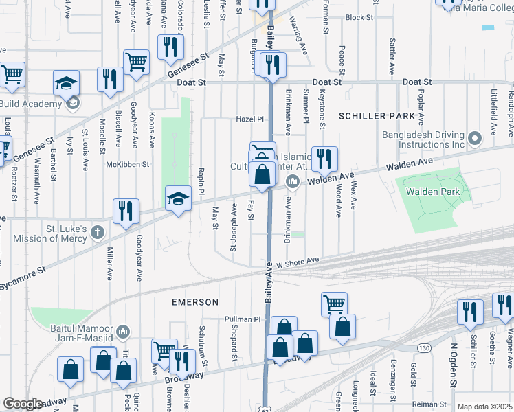 map of restaurants, bars, coffee shops, grocery stores, and more near 579 Walden Avenue in Buffalo